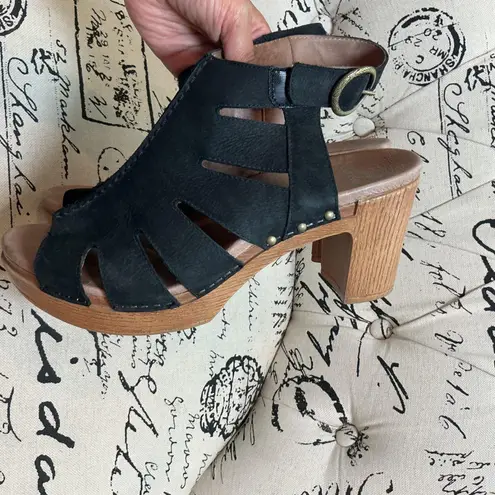 Dansko Demetra Black Block Heel Leather Sandel Wood Platform Sz EU 41 US sz 10