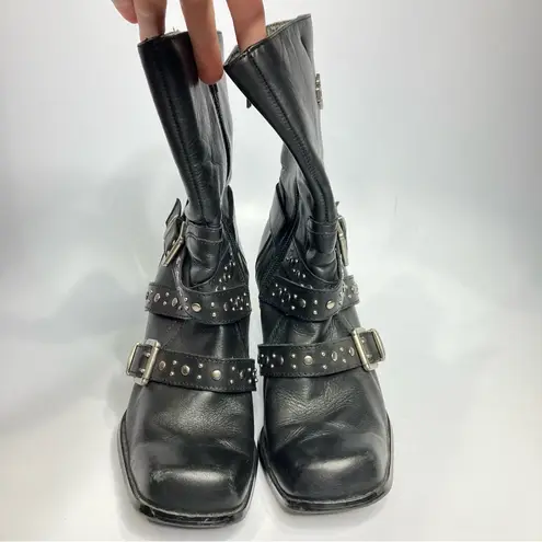 Harley Davidson obsession harness boots black leather buckles heels womens 8
