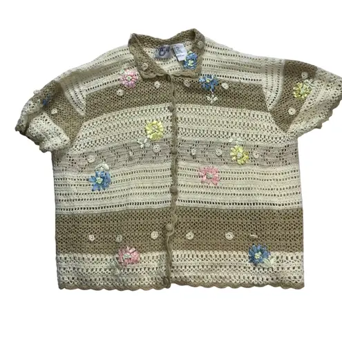 Vintage Cervelle Crochet Knit Button Up Cardigan Beige Cream Floral Applique 3X Tan