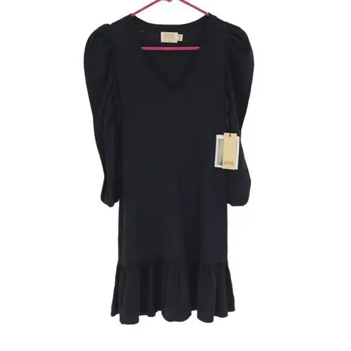 Nation Ltd Womens V-Neck Puff Sleeve Ruffled Hem Mini Dress Black Size XS NWT