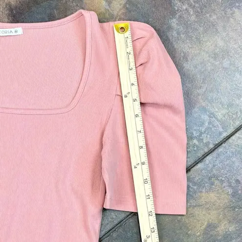 REORIA Women Square Neck Bodysuit Puff Sleeve Ribbed Corset Tops XL Pink