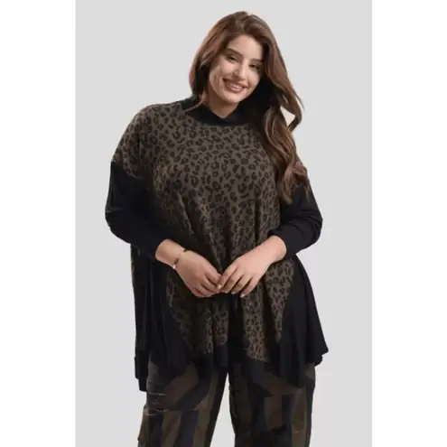 Alembika Chiu Oversized Cheetah Mock Neck Top Women XL Brown Black