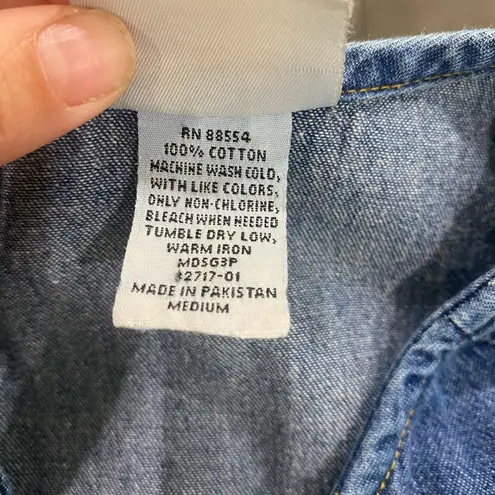 Blair 1990s Denim Blue Jean Midi Vintage Cotton Dress w/ Floral Embroidery Sz M