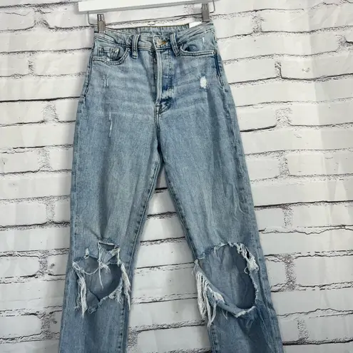 H&M  Ultra High Waist Mom Jeans Light Wash Distressed Ripped Knees Women’s 0 Y2K