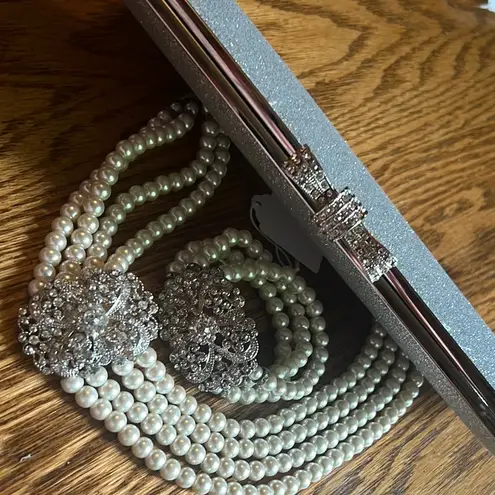 INC International Concepts Silver Glitter Clutch and bridal pearls