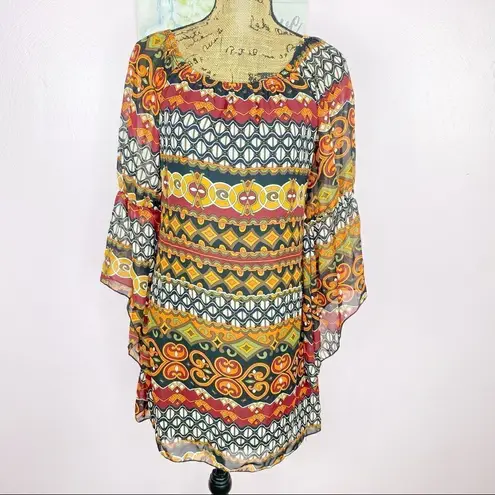 Voll Off The Shoulder Multi Print Shift Dress Split Handkerchief Sleeve Small Orange