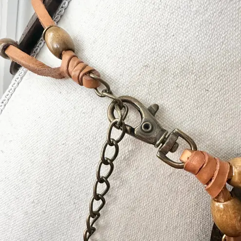 Vintage Unmarked Leather Double Strap Wooden Carved Medallion Disc Waist Belt OS Brown