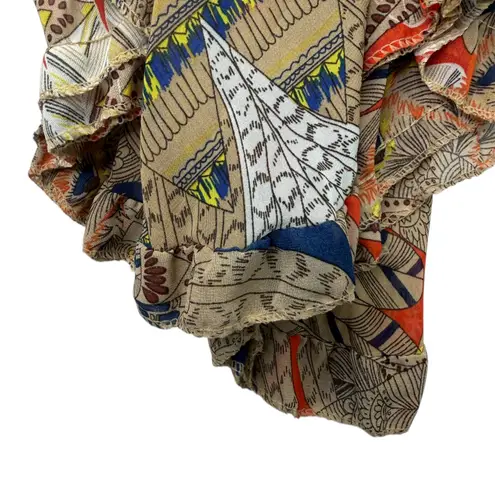 HOPE Boho Sheer Printed Cape Poncho Top Tan Tie Neck Ruffle Hem Festival Hippie Orange Size undefined