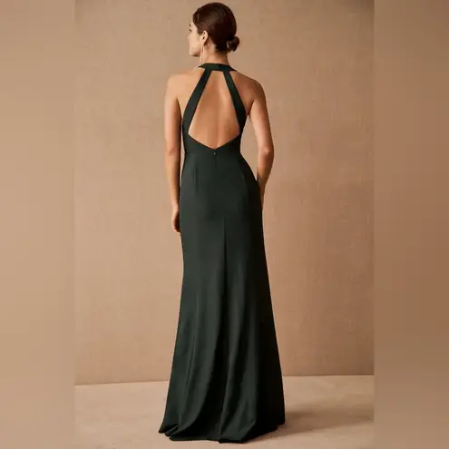 BHLDN Lennox Halter Open-Back Side-Slit Stretch Crepe Gown in Dark Emerald