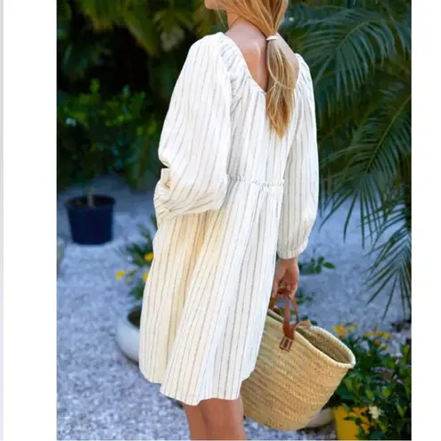 EMERSON FRY Jasmine Button Down Dress, Ivory Hemp Stripe Organic, Large Blue