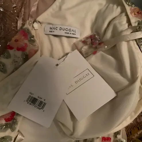 Mac Duggal 5527 Cream V-Neck Sleeveless Midi Floral Beaded A-line Dress $598