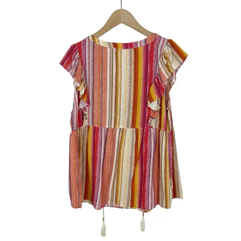 Savanna Jane Daria Aztec Embroidered Colorful Striped Woven Top Size Large Pink