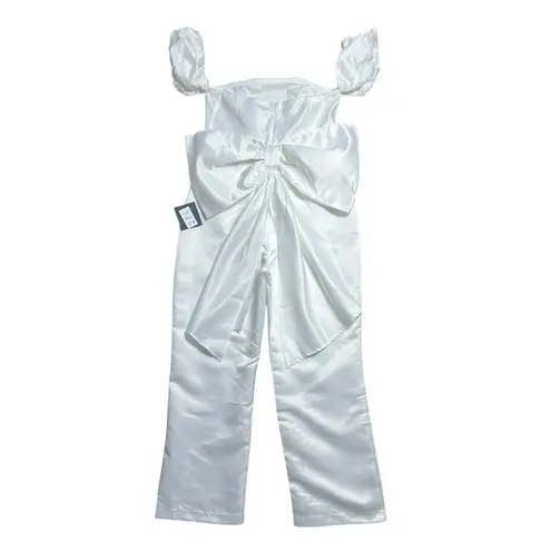 Lulu’s Chic Vow White Satin Off the Shoulder Bow Jumpsuit