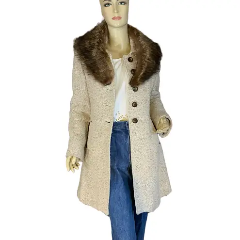 VINTAGE CIRCA 1980'S J. MARCO BEIGE & BROWN WOOL & FOX FUR COLLAR COAT (S)