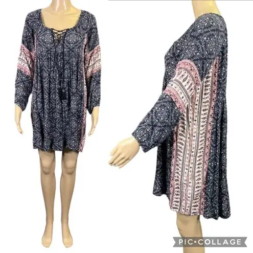 American Eagle  Womens Tunic Mini Dress Long Sleeves Boho Peasant Blue Pink XS