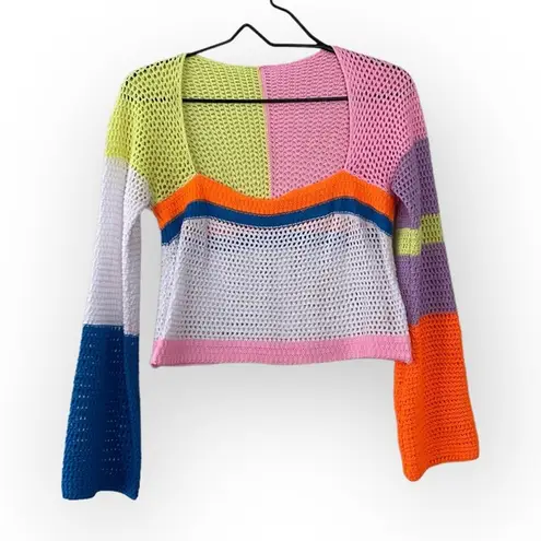 Crochet Colorblock Y2K Cropped Open Knit Sweater Bright Vibrant Top Size Large White