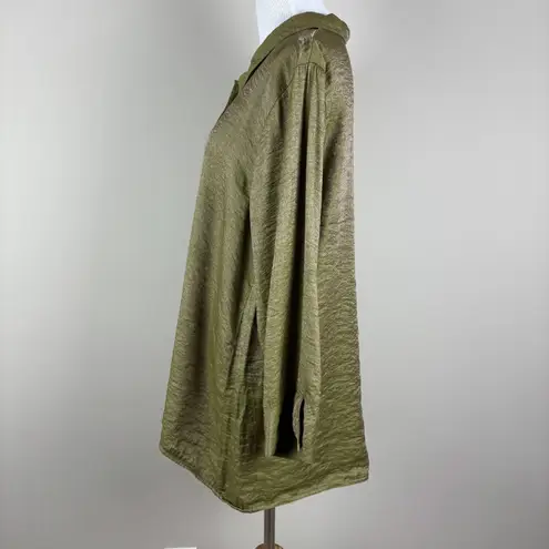 Habitat Blouse Top Womens Large Green Shimmery Metallic Button Up Collared Shirt