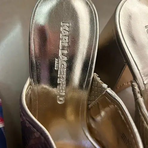 Karl Lagerfeld Paris Gold Chunky Heel Sandals with Crystal Design 7M like new