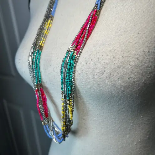 Multicolor Layered Beaded Necklace Silver Bar Toggle Boho Statement Blue
