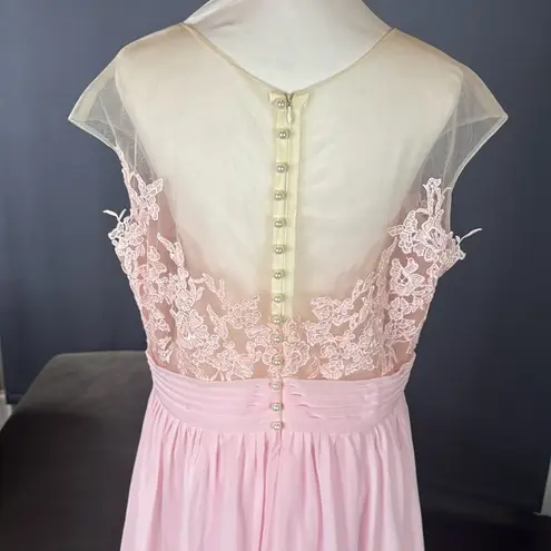 Woman’s Pink Formal Dress Gown with Sheer Lace Top Leg Slit Zip Back Size 14