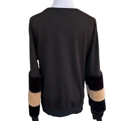 Gilli Black Tan Fur Stripe Balloon Sleeve Oversized Slouchy Sweatshirt Top Small Black