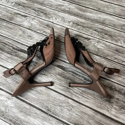 Nina  Cutout Bead Stiletto Sandals Crepe Fabric Leather Sole 6.5 Black Rust Brown