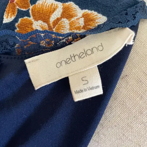 onetheland Floral Mini Dress Small Long Sleeve Navy Orange Lace Trim VNeck Boho Bloomcore