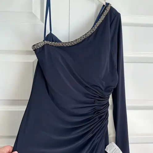 Mac Duggal ‎ 26039 Midnight One Shoulder Long Sleeve Asymmetric Formal Gown NWT