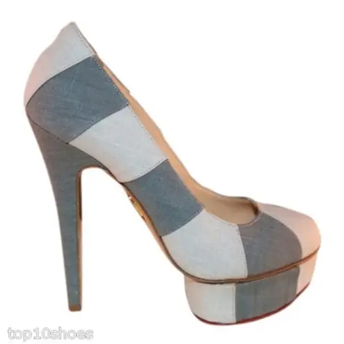 Charlotte Olympia Platform Heels Gray Beige Fabric Block Pumps Size 39