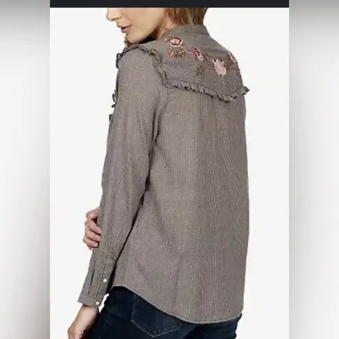 Lucky Brand  embroidered floral ruffle long sleeve snap button down shirt Size S