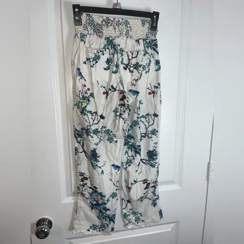 Westbound LinenRayon Blend LooseFit Bird Tree Floral Print Scrunched Pants Small