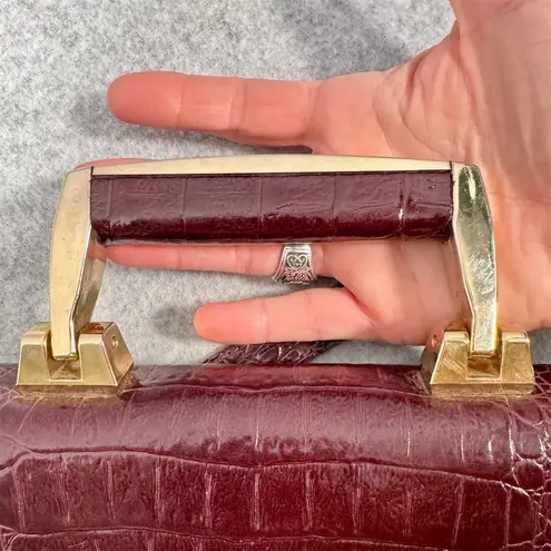 Vintage Burgundy Crocodile Print Leather Briefcase Bag Velvet Interior