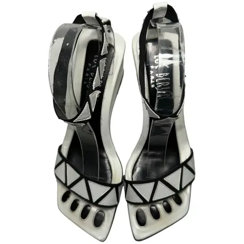 Luc Berjen Paris 40 9.5 White Black Leather Mod Retro Ankle Strap Wedge Heels