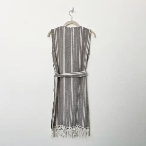 ZARA [] Linen Striped Gray White Fringed Sleeveless Tunic Tank Slits Sz Medium M