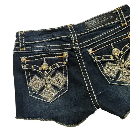 LA Idol Dark Wash Raw Hem Mid Rise Denim Shorts Bling Rhinestone Cross Size M Blue Size M