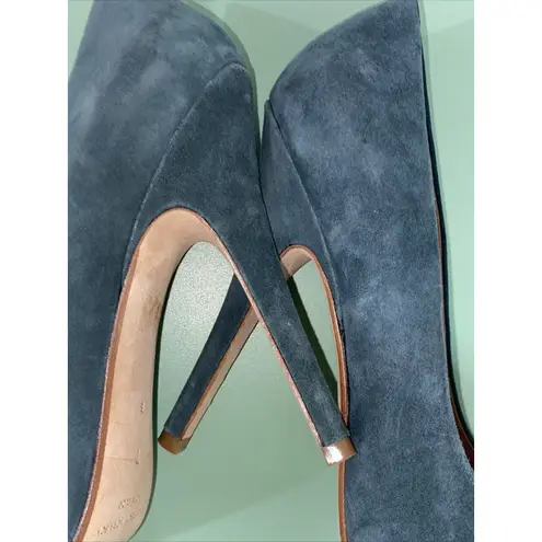 $495 SIGERSON MORRISON Womens Sz 7B green suede silver cap toe pumps shoes