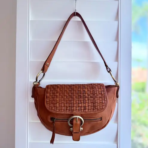 Marta Ponti Cognac Brown Leather Basketweave Satchel Handbag with Brass Hardware