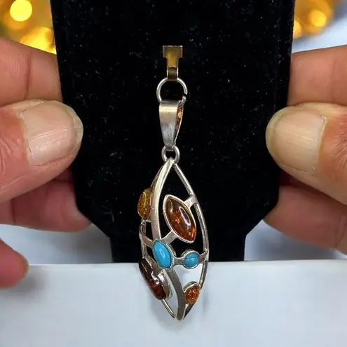 Galmorous Women's Silver Pendant With Multiple Baltic Amber Colored Stones Orange