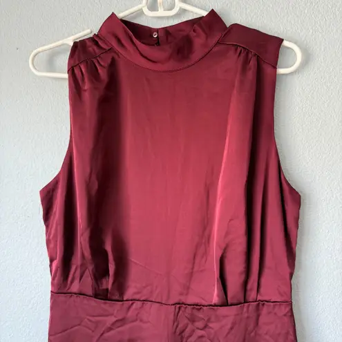 Lulus  Classic Elegance Wine Red Satin Sleeveless Mock Neck Jumpsuit Size Large