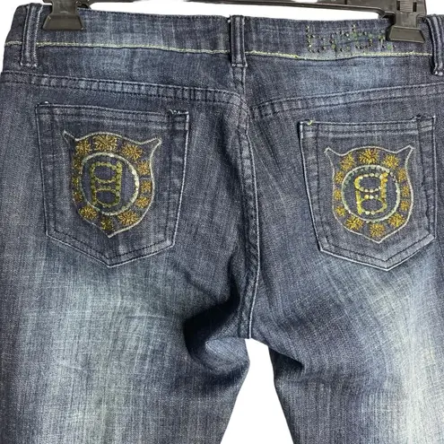 Bebe  Cropped Denim Jeans 32 Med Wash Mid Rise Embellished Pockets Button Zip - Image 4