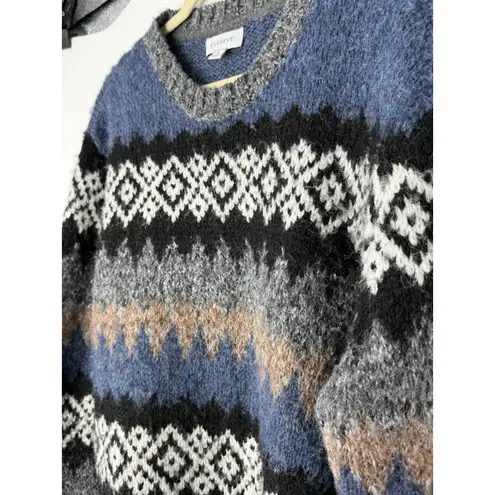 Evereve Fair Isle Fuzzy Knit Sweater Blue Gray Black Nordic Cozy Winter M