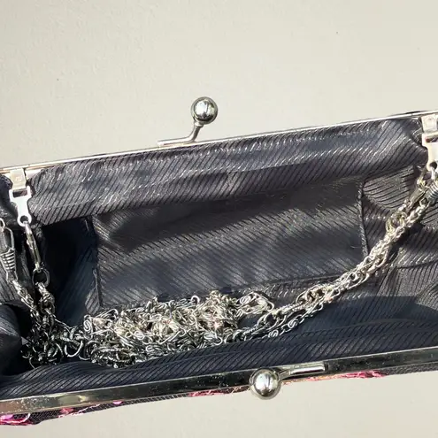 Black pink sequin floral embroidered clutch with crossbody strap whimsigoth
