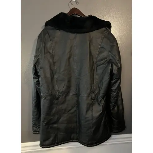 In Style Jacket Womens Large Genuine Leather Faux Fur Lined Winter Coat Zip Black