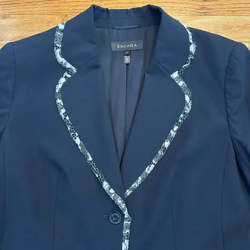 Escada Fitted Black Jacket with Chiffon Floral Fringe Sz 44 / 10 US