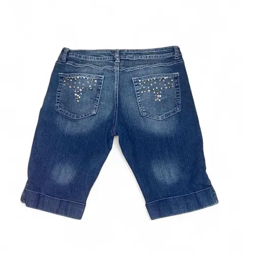 Y2k blue low rise bermuda denim shorts with bedazzled and studded details Size 12