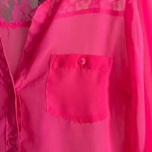 Women’s Juniors XL Hot Pink Sheer Blouse Long Sleeve Lace Back Tie Front Top Size undefined