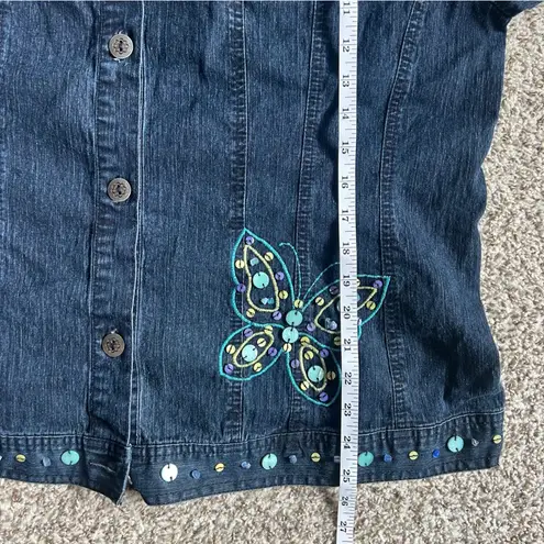 Alfred Dunner Dark Blue Jean Jacket Butterfly Embroidery Beaded Denim Casual Size 18