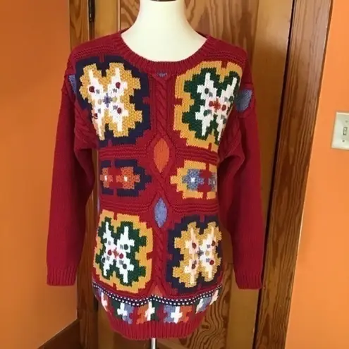 Vintage 80s bright colorful artistic sweater Red