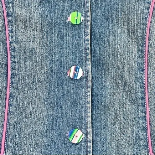 SPANNER Darling Women’s Size 8 Pink Trim Denim Stripe Buttons Jean Jacket Blue
