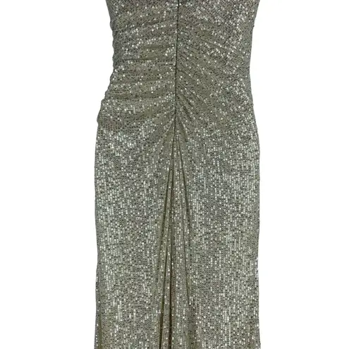 Ieena for Mac Duggal Sequined Drop Shoulder Evening Gown Nude Size 6 Gold